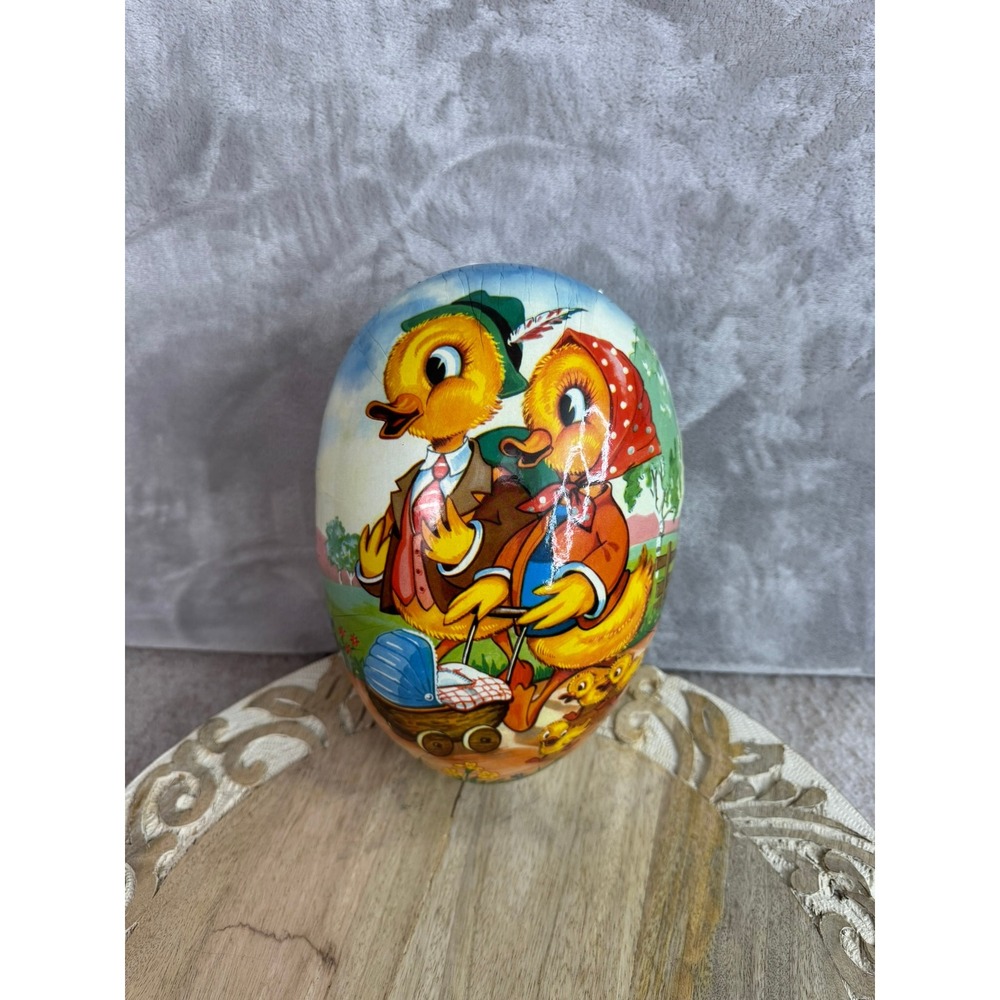 Vintage Easter Egg Decorative Paper Mache Box Childrens Bunny Duck Chicks Scene